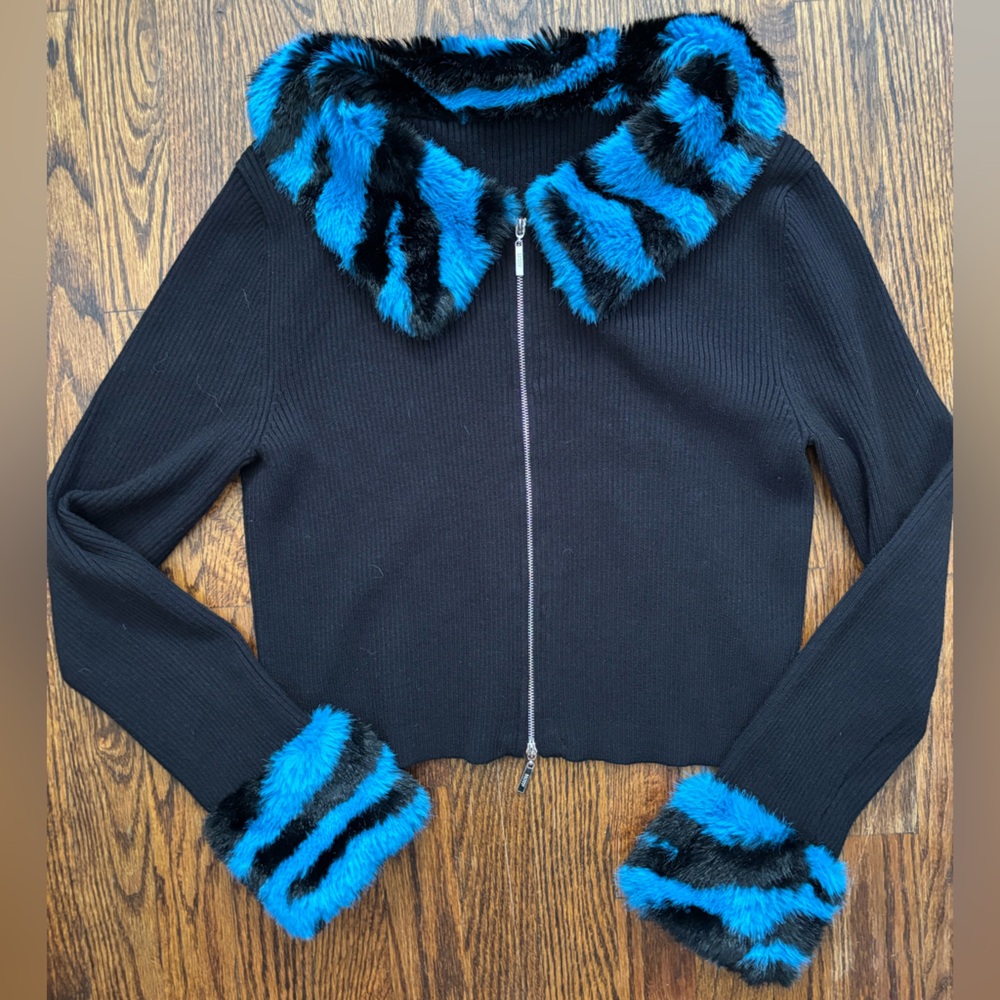 SOLD Black and Blue Zebra Faux Fur Trim Sweater